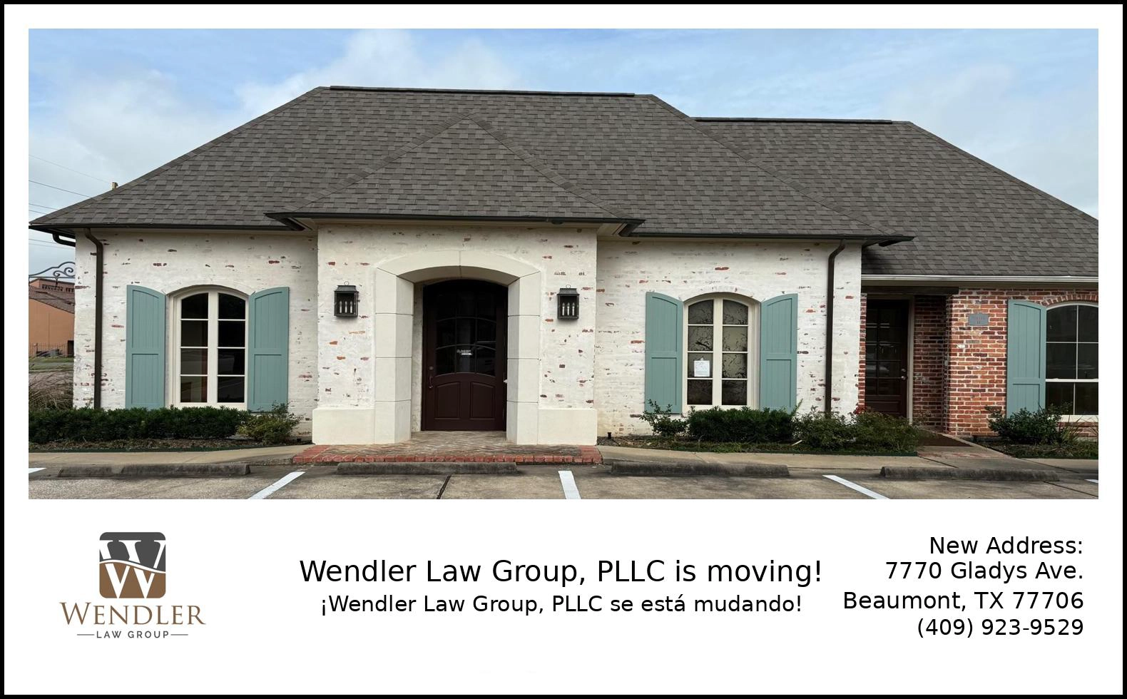 Front exterior of Wendler Law Group’s new office location at 7770 Gladys Ave in Beaumont, Texas.