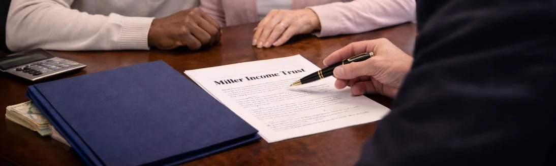 Couple meeting with an attorney to review income trust planning documents during a legal consultation {{brizy_dc_image_alt imageSrc=